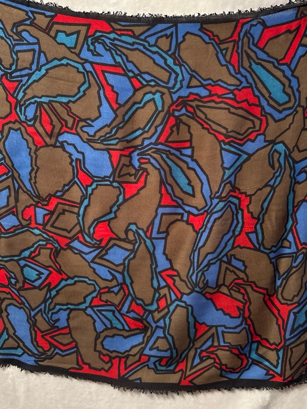 Abstract Geometric Print Scarf in Brown, Blue & Red 30x29”